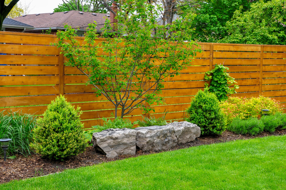 An Asian Inspired And Beautifully Maintained Garden Features Rockery And Minimalist Style Cedar Fencing